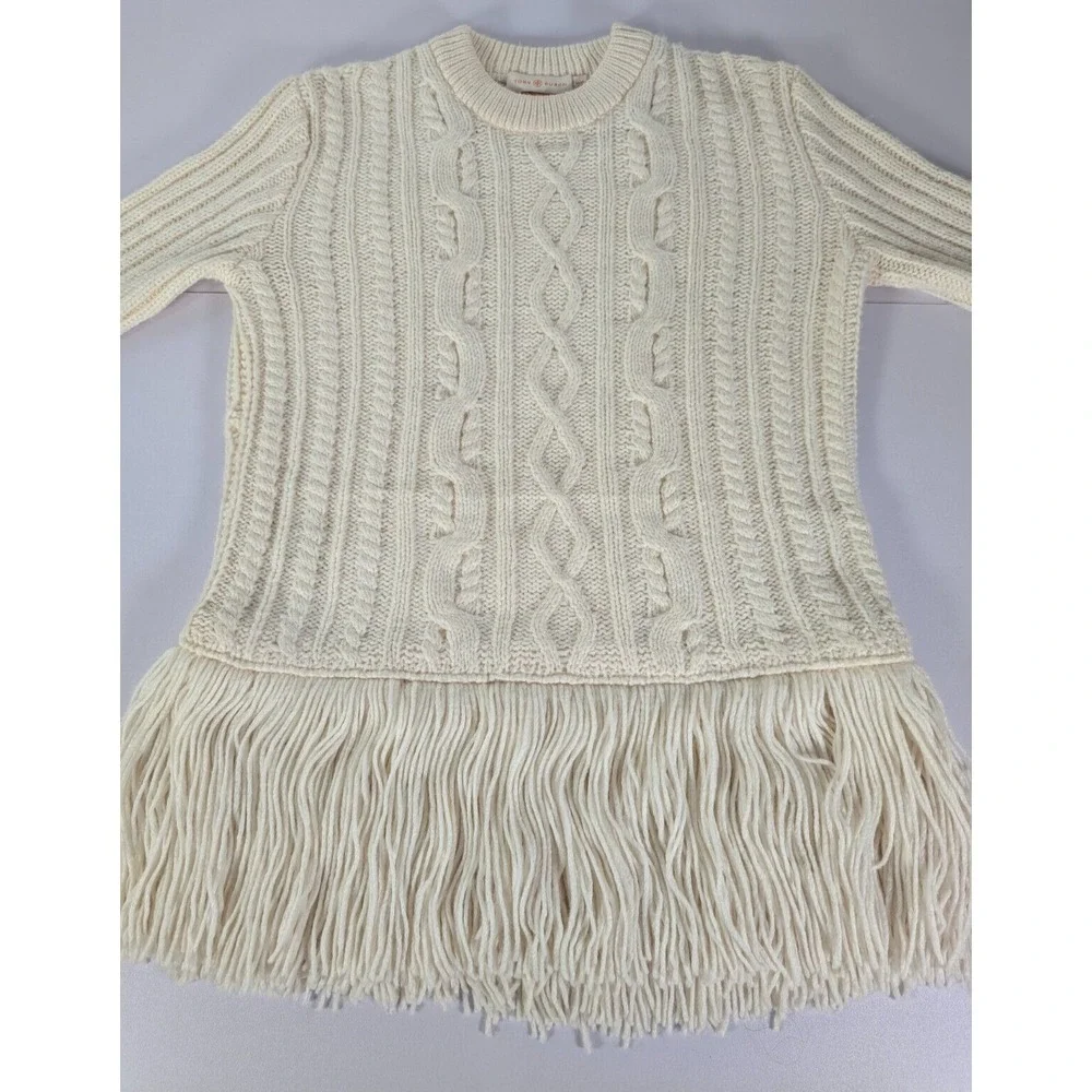 Tory Burch Ivory Cable-Knit Fringe Sweater